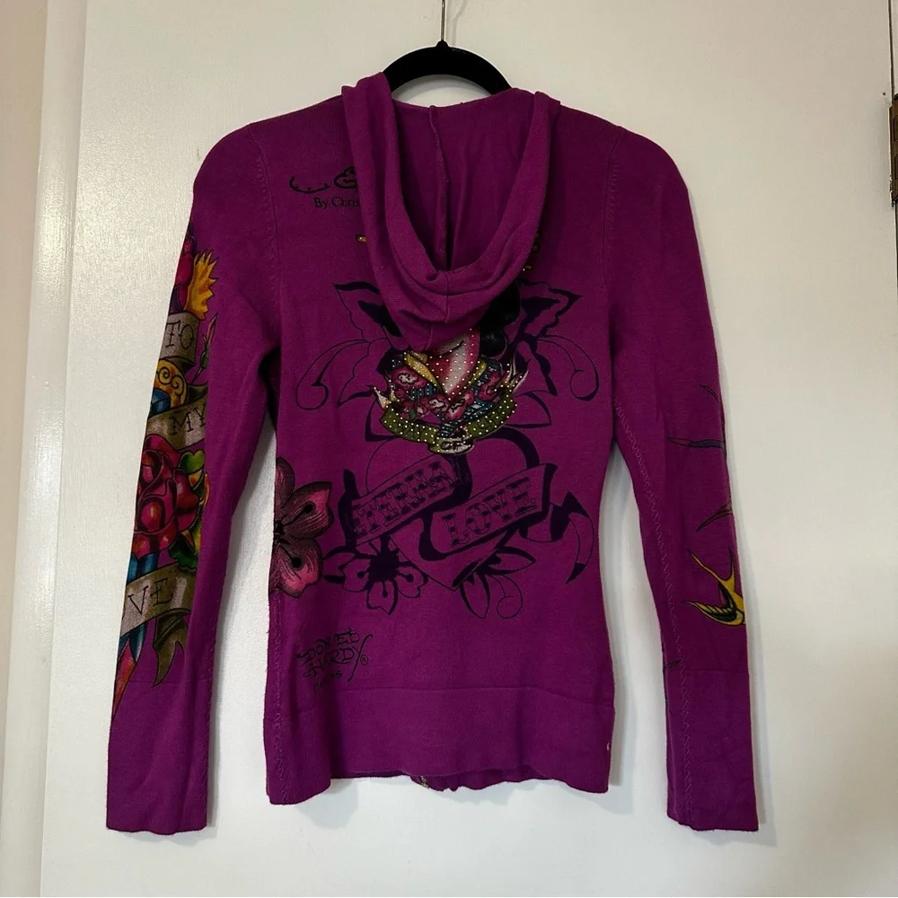 Ed Hardy Y2K Eternal Love Dagger Geisha Zip Front Hooded Cardigan Sweater XS